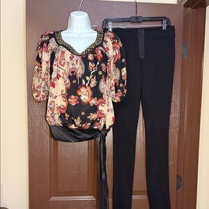 Bebe Floral Boho Top and Black Pants Set